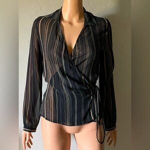 Elegant 💯% Silk Black Striped Wrap Top